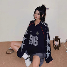 星星印花美式复古拼接长袖T恤V领球衣男宽松春秋情侣上衣女潮春秋