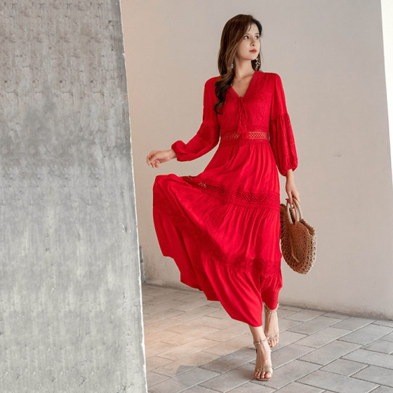 2024 Summer Seaside Vacation Dress French Style Elegant Retro Fairy V-neck Puff Sleeve Desert Skirt f678