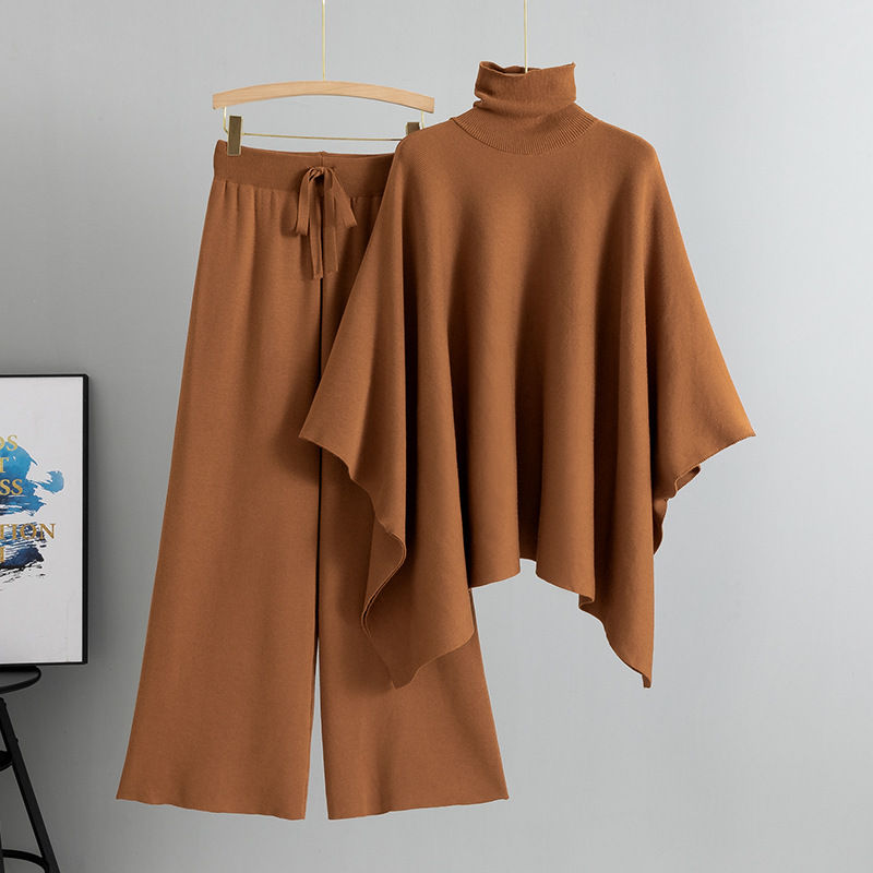 Women's Clothing autumn and winter new two piece suit for women with high collar cape, knitted sweater, wide leg pants, temperament suit_voghion.com