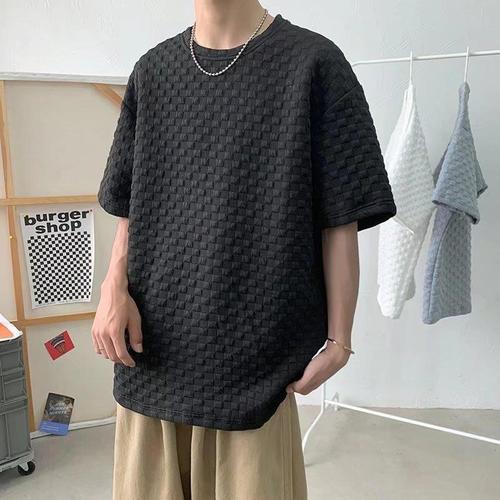 Men's 2025 Half-Sleeve Ins Trendy Loose 5-Button Collared T-Shirt with Hong Style Honeycomb Pattern