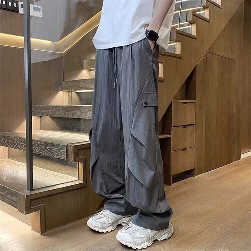 Ice-silk thin-style paratrooper workwear pants for men, trendy summer brand loose-fit straight-leg wide-leg trousers; men's pleated casual long pants.