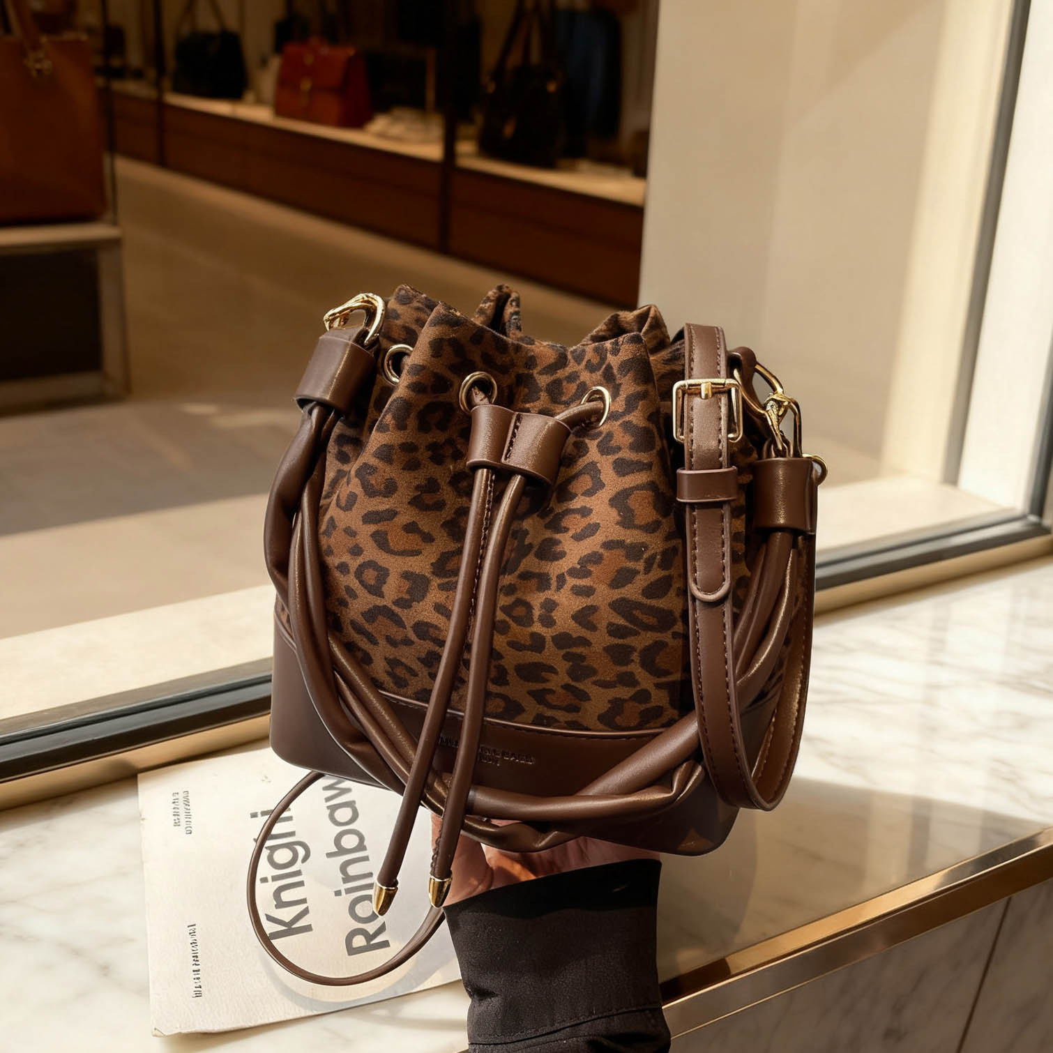 Bolso de leopardo de mujer 2025 nuevo otoño invierno lujo ligero nicho de alta sensación bolso de hombro de terciopelo de gamuz bolso de balde