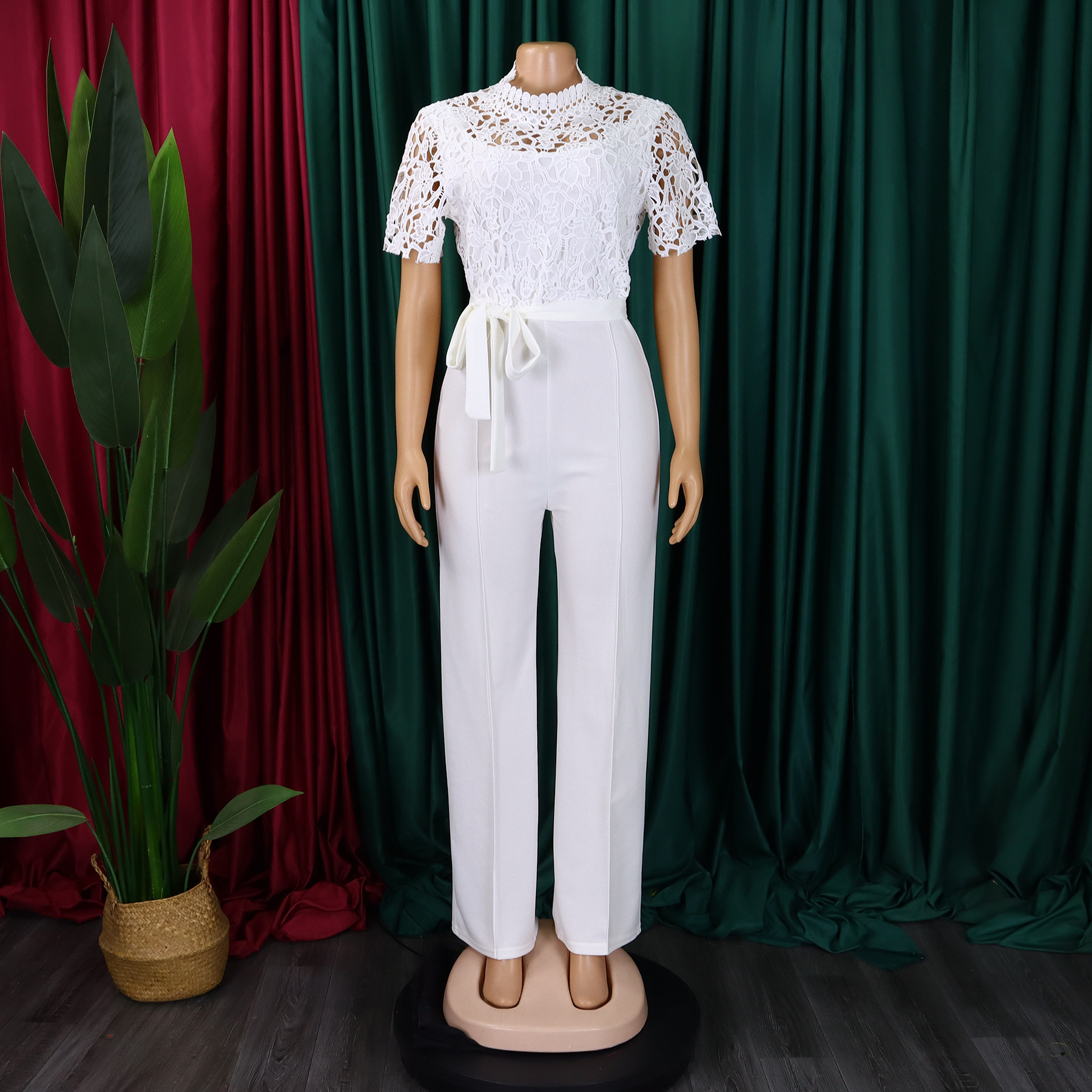 546g Weight Short Sleeve Sleeve Length Polyester Fabric Type High Waist Waist Line Jumpsuits Pants Type Daily Occasion Loose Fit Type Solid Color Pattern Summer Season Women's Gender Lace Design Casual Style Women's Daily Casual Solid Color Lace Jumpsuits 25