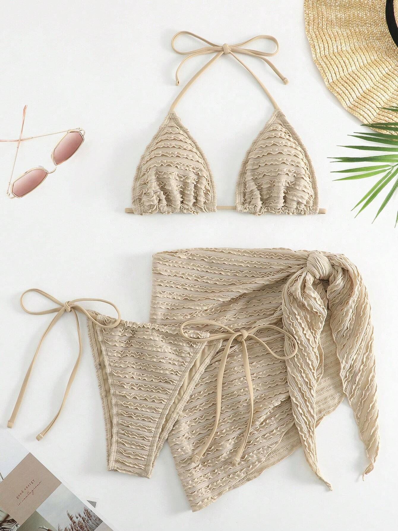 Solid Color Three Piece Bikini Swimsuit Set Women's Sexy Swimwear_ecoleips.com