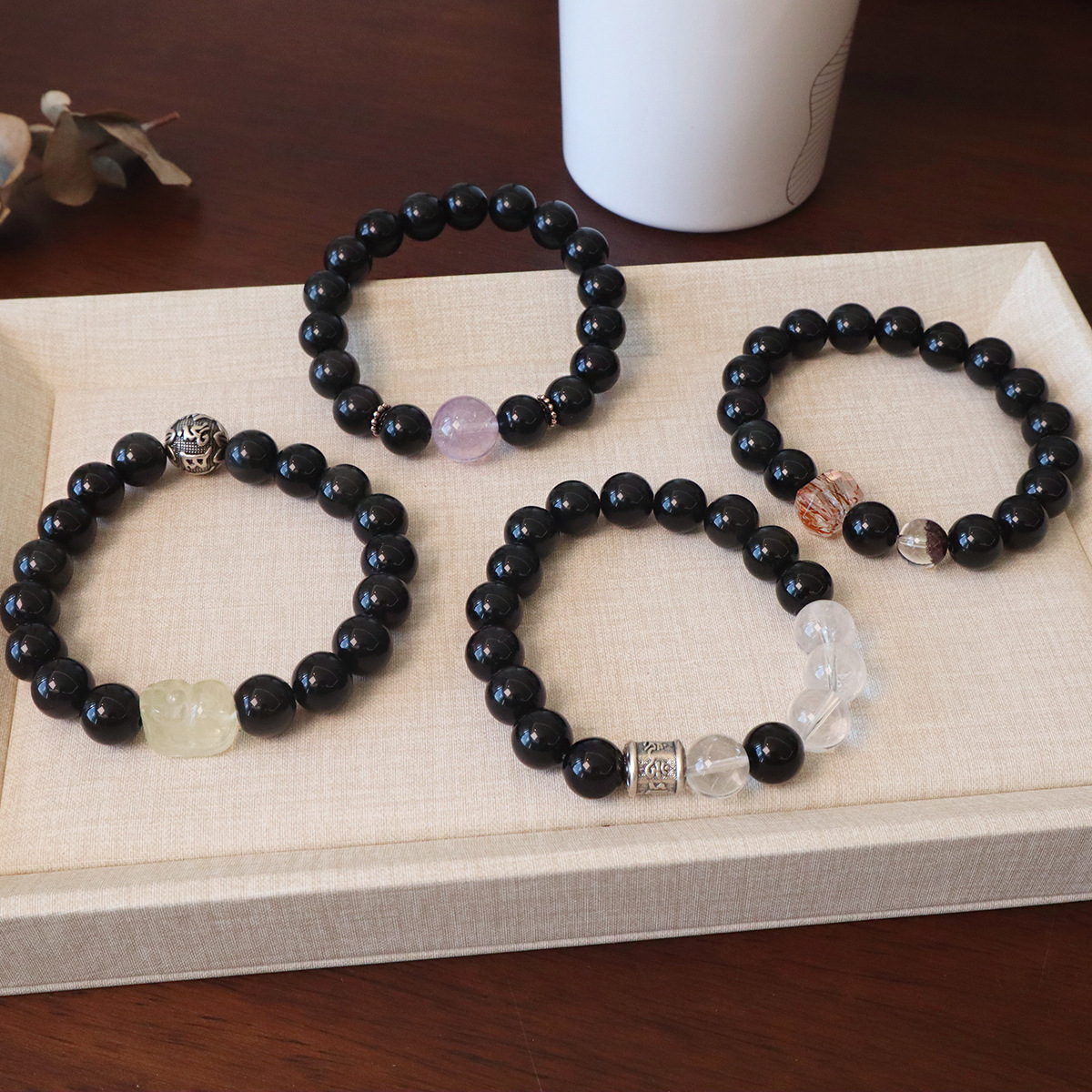 10mm Natural Obsidian Bracelet Men's Bracelet Amethyst Sterling Silver Women's Obsidian Six-Character Motto Good Luck Bracelet