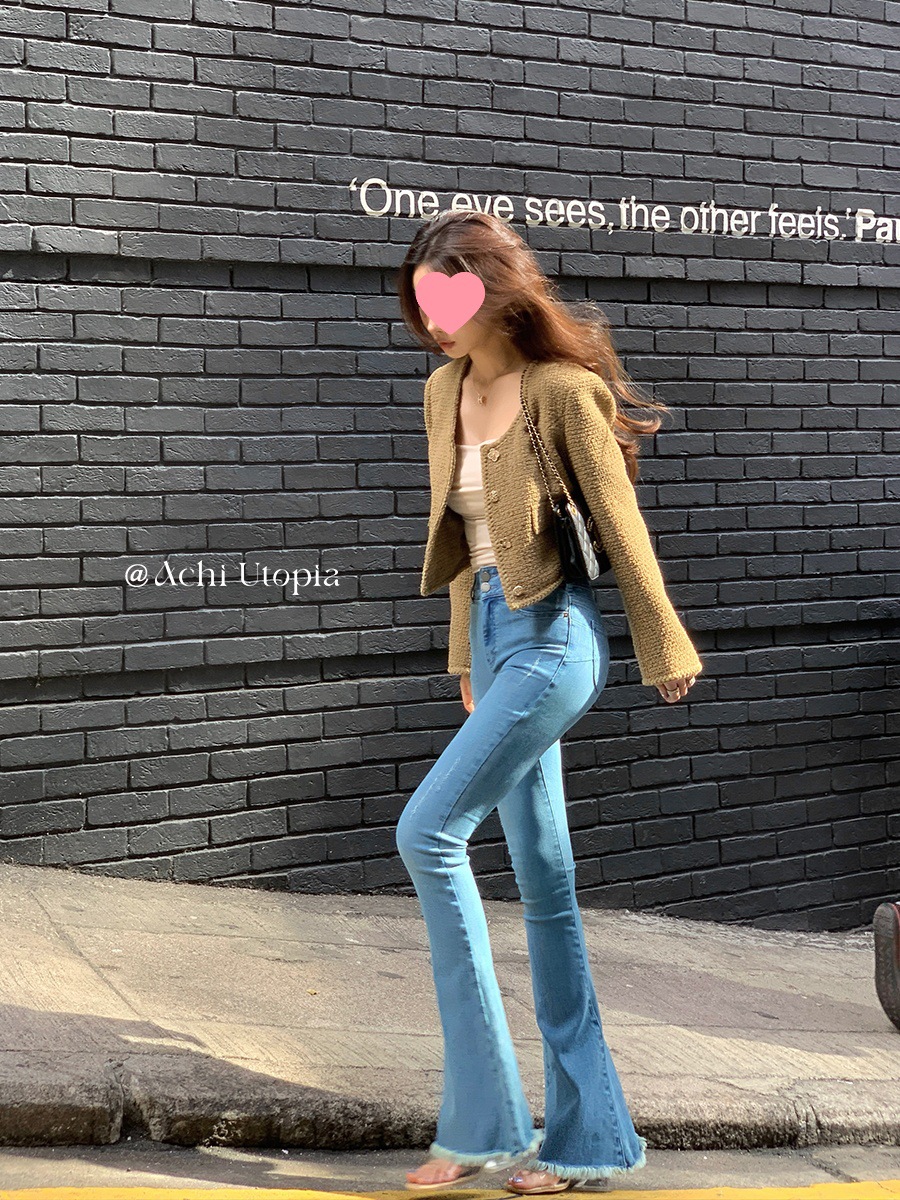 Chi Dayechi Green Round Neck Small Fragrant Jacket Short Long-Sleeved Elegant High-End Single-Breasted Tweed Top