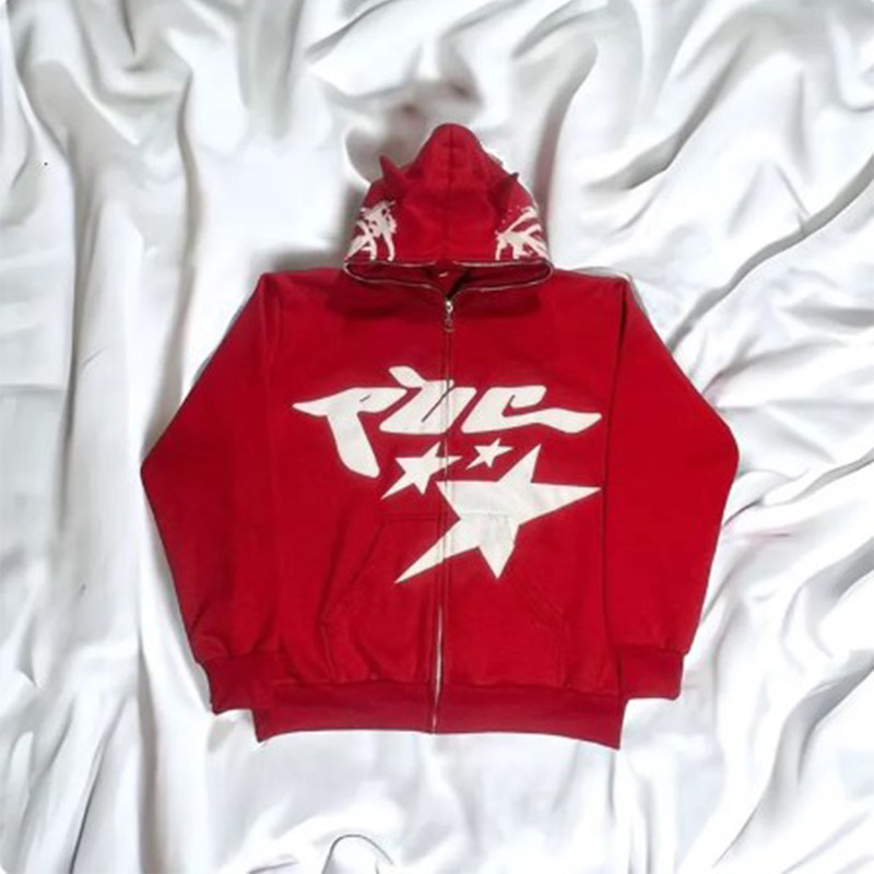 Modny zabawny róg byka swobodny luźny płaszcz top hip hop punk długi rękaw męski i damski sweter z kapturem kardigan_voghion.com