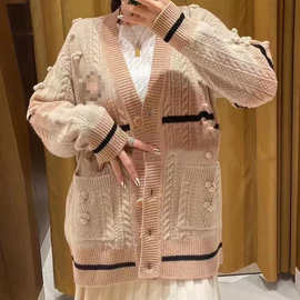 法单S家2022年秋冬新款女装复古宽松温柔休闲立体球球针织开衫外