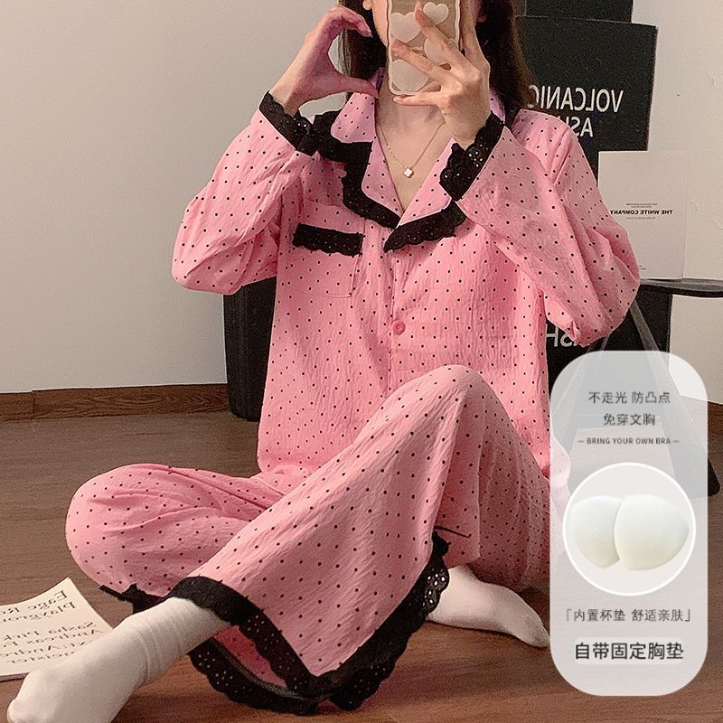Pijamas al por mayor transfronterizos de mujer encaje cojín de pecho nubes de algodón manga larga pantalones abiertos pueden salir a casa conjunto de ropa