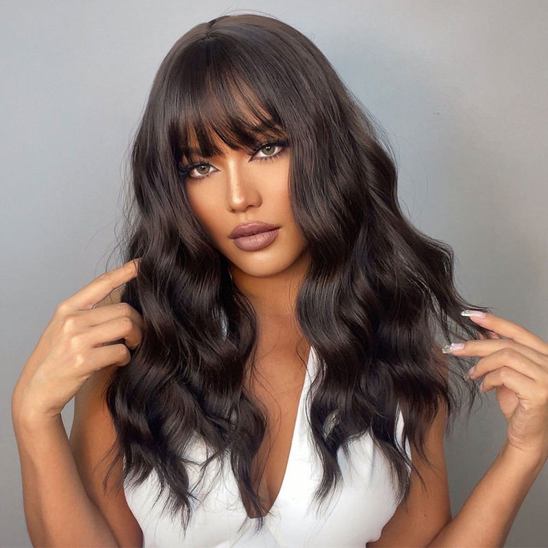 Factory Price New Model 22inch Brown Curly Hair with Bangs, Natural High-Quality Synthetic Fiber Wig, Heat-Resistant, Glue-Free