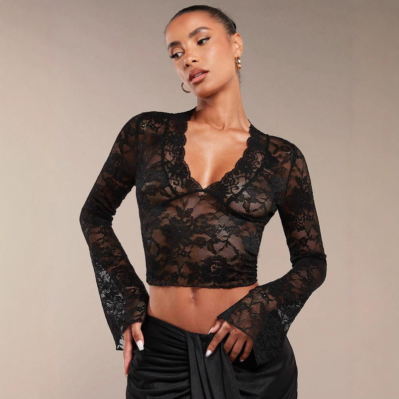 European and American Cross-Border 2026 Spring Elegant Women's Solid Color Sexy Transparent Lace V-Neck Tight-Fitting Flared Long-Sleeve Top European and American Cross-Border 2026 Spring Elegant Women's Solid Color Sexy Transparent Lace V-Neck Tight-Fitting Flared Long-Sleeve Top