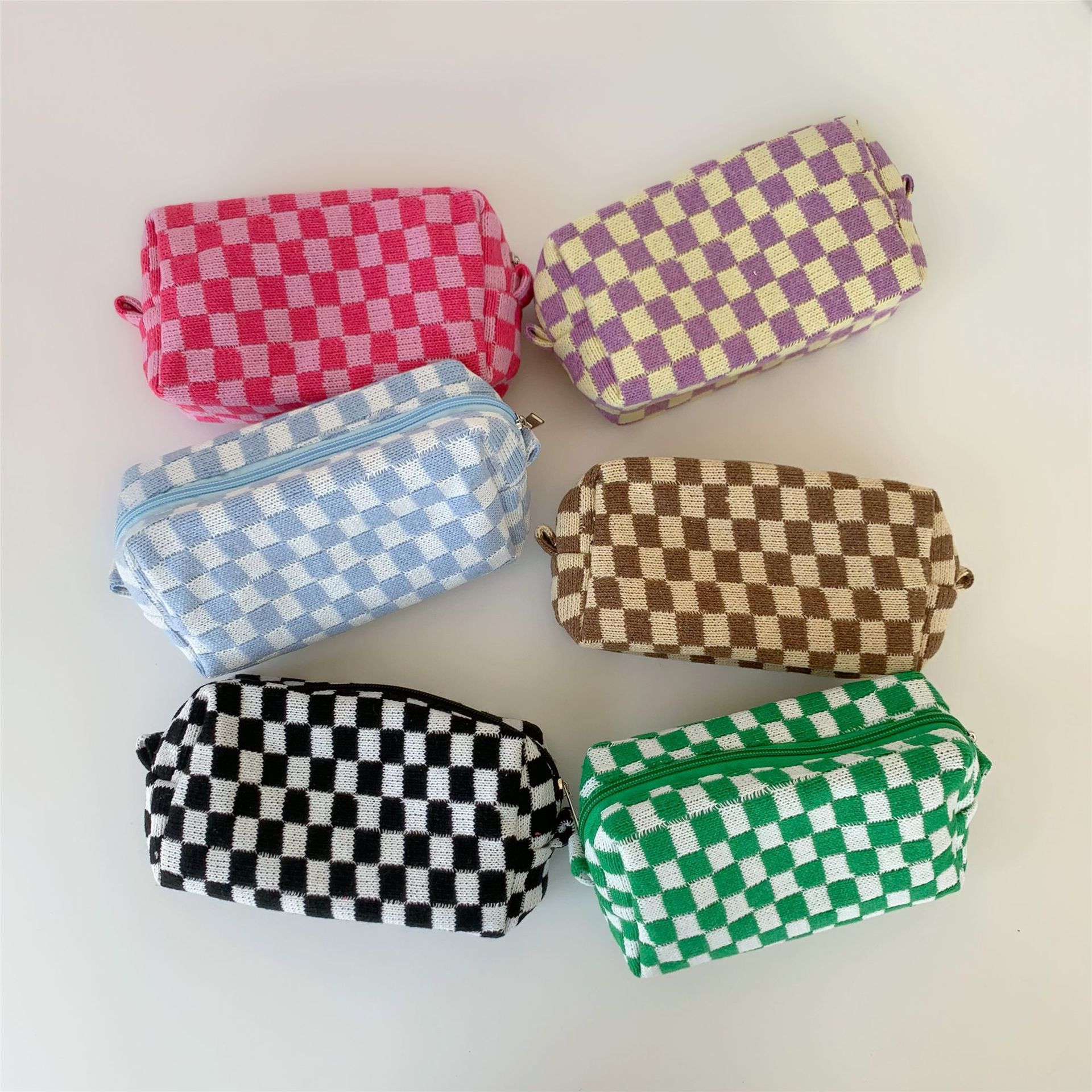 Wool Checkerboard Cosmetic Bag Large Capacity Knitted Storage Bag Autumn and Winter Plaid Knitted Storage Toiletry Bag Portable