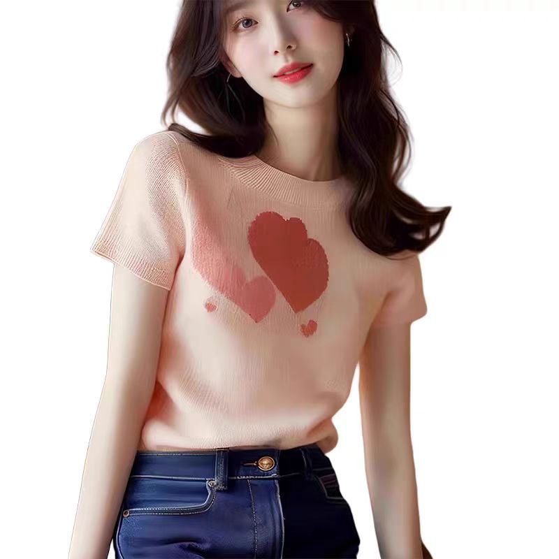 Áo thun dệt kim lụa tay ngắn họa tiết trái tim nữ tính — Màu hồng chi tiết 9
