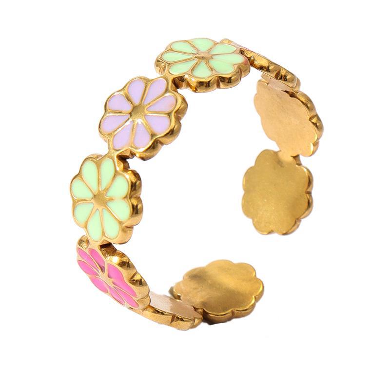 12g Weight Open Rings Classification Adjustable Ring Size 1 Piece Quantity Holiday, Daily Occasion 304 Stainless Steel Material Stripe, Flower Pattern Unisex Gender Enamel Design Retro, Sweet Style Wholesale Jewelry Retro Sweet Stripe Flower 304 Stainless Steel Enamel Open Rings 10