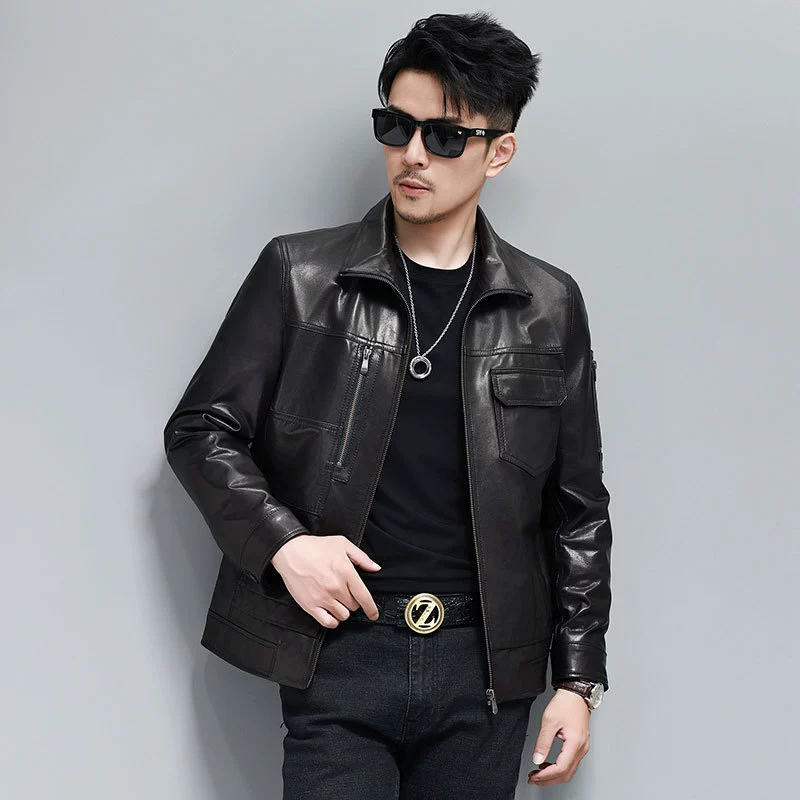 Autumn jacket with zipper, genuine leather
