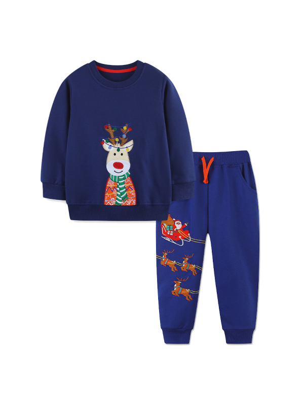 秋の男の子スーツヨーロッパとアメリカンスタイルのクリスマスヘラジカ刺繍子供長袖ツーピースファッション子供スポーツパンツ|undefined