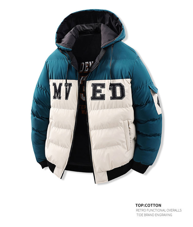 Wattierte Herrenjacke mit Stickerei, Daunenfüllung, dicker Baumwolle, kontrastfarbenem Futter, lockerer, abnehmbarer Mütze und doppelseitiger Kapuze_voghion.com