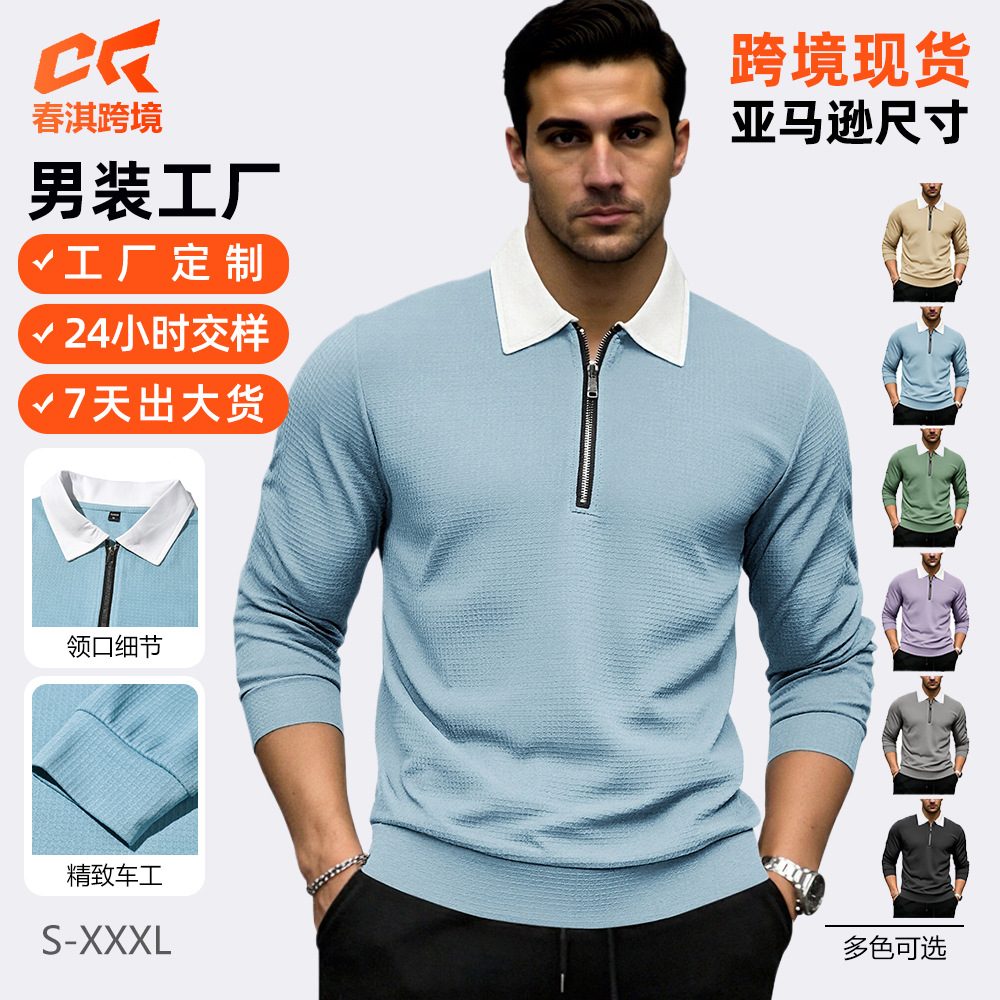 Transfronterizos Europa y América Amazon hombre semia cremallera camiseta de manga larga color cuadrado camiseta deportiva casual polo hombre