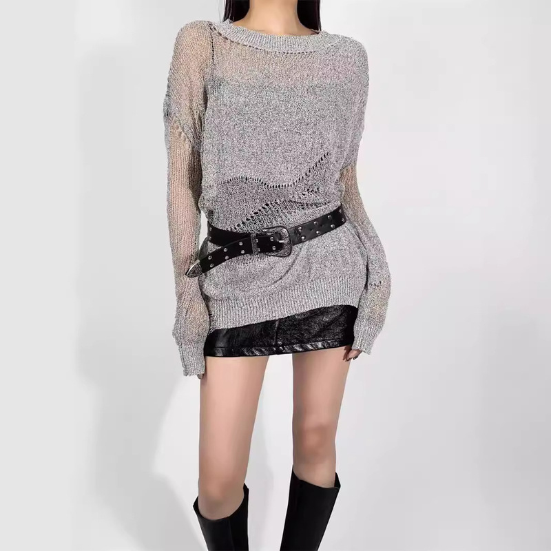 American retro hollow-out ripped design thin sweater blouse 2023 New lazy off-shoulder personalized sweater