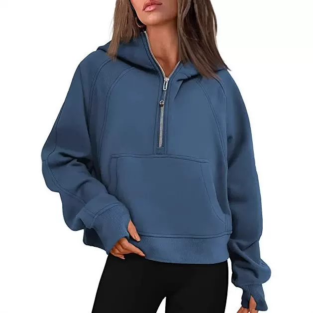 跨境欧美女式半拉链连帽衫卫衣宽松短款运动服瑜伽亚马逊时尚外套