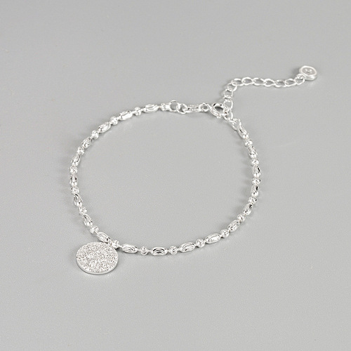 Korean Vintage S925 Pure Silver Shimmering Wave Charm Lucky Letter Round Pendant Cold Style Elegant Women's Jewelry Bracelet