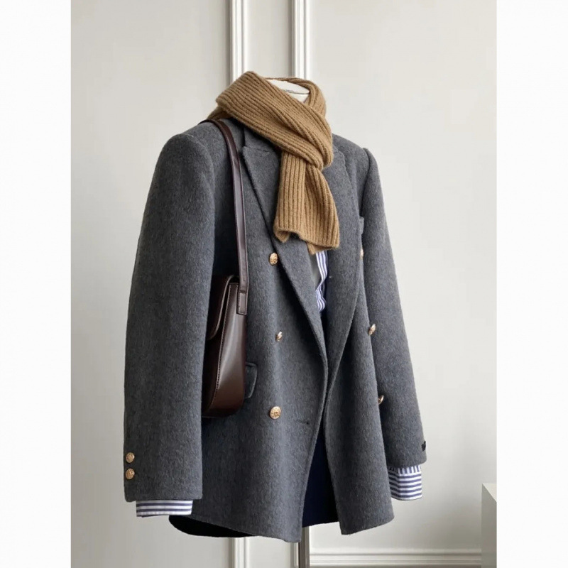 Gray Woolen Coat for Women in Autumn and Winter, Petite, High-End Korean Style Short Suit Woolen Coat Chenille