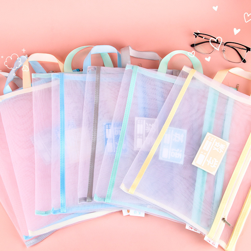 New A4 Subject Double-layer Mesh Bag Textbook Classification Transparent Storage Bag Student Test Paper Zipper Portable File Bag