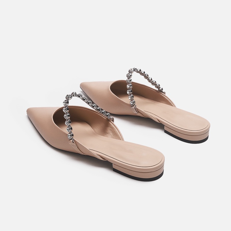 Silver Gemstone Chain Pointed Toe Mules For Women Elegant Flats_voghion.com