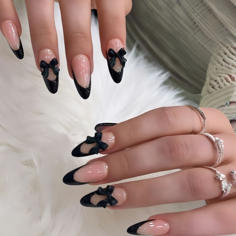 24 Pieces of Black French-Style Bowknots, Classic French Press-On Nails, Almond-Shaped Press-On Nails 24 Pieces of Black French-Style Bowknots, Classic French Press-On Nails, Almond-Shaped Press-On Nails