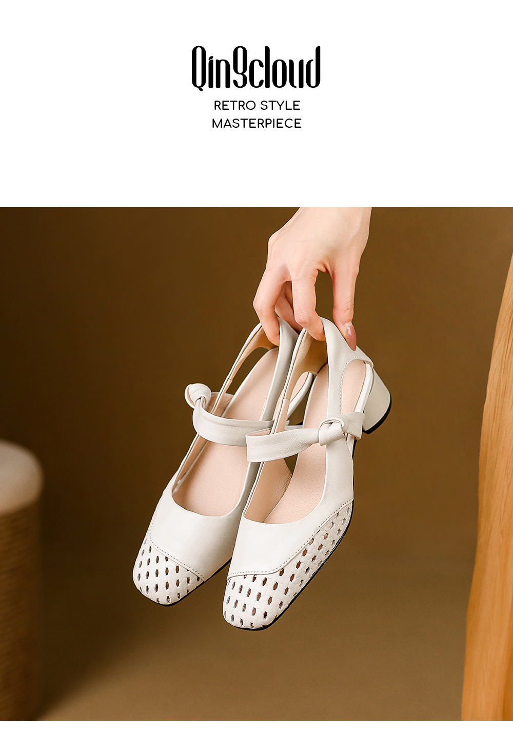 Sandal nữ gót vuông 3,5 cm mũi kín hở cạnh kiểu mới — màu trắng ngà chi tiết 13