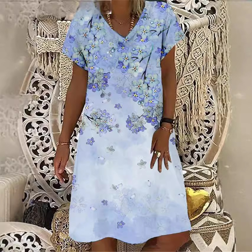 2024新款亚马逊跨境复古风女装气质个性夏季V领时尚裙欧美中长裙