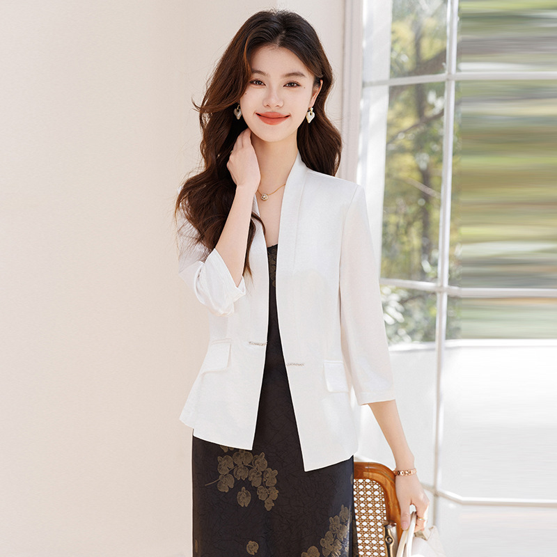 White Thin Suit Jacket Dress Summer 2025 New Elegant Fashionable Mid-Sleeve Work Suit Top