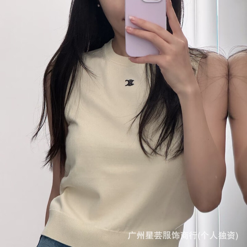 Ce Correct Version 26Ss Arc De Triomphe Embroidered Wool Knitted Vest Casual Sweet Top Sweater Short-Sleeved Women