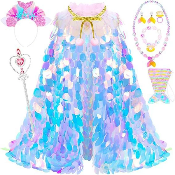 Cross-border New Girls Princess Sequin Cape Performance Costume Mermaid Sequin Shawl Performance