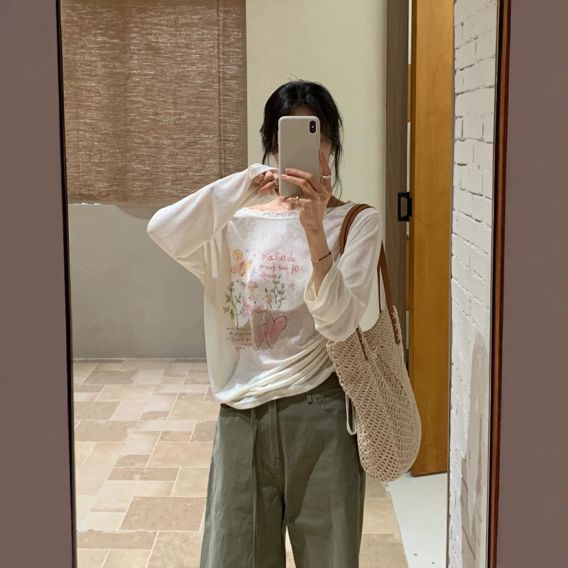 White Printed Stretch T-Shirt for Women, New Summer Style, Sun-Protective, Off-Shoulder, Lace Trim, Loose Fit, Slimming Top White Printed Stretch T-Shirt for Women, New Summer Style, Sun-Protective, Off-Shoulder, Lace Trim, Loose Fit, Slimming Top