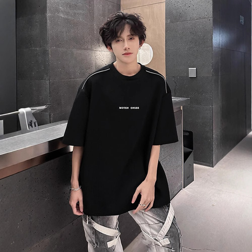 320 Heavyweight American Street Style White T-shirt for Men Trendy High-End Summer Cleanfit Short-Sleeve Shoulder-Padded Seven-Sleeve