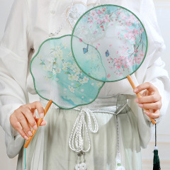 扇子、古扇、子供用漢服扇子、長柄タッセル付きダンス扇子、中国風漢服シルク製小丸扇子