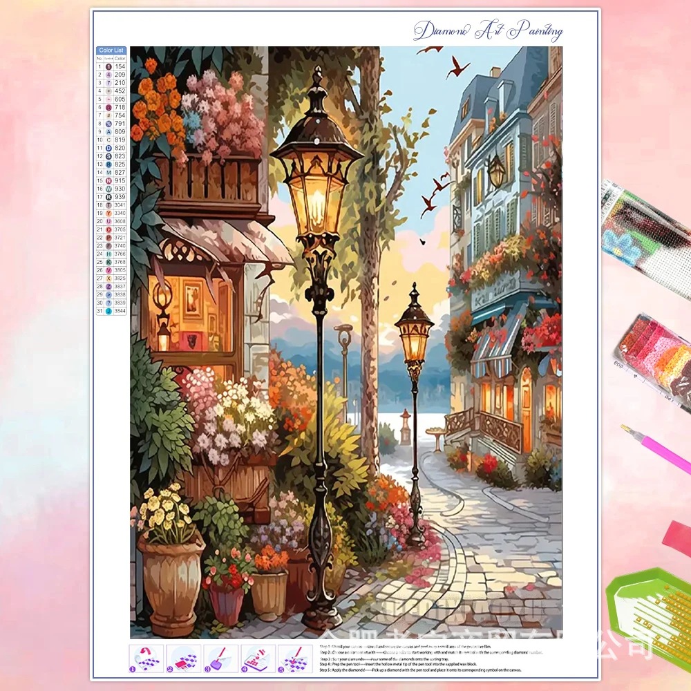 Venta caliente transfronteriza dibujos animados ciudad de bricolaje casa paisaje lleno de diamantes sala de estar dormitorio decoración pegatinas fabricante de pintura de diamantes