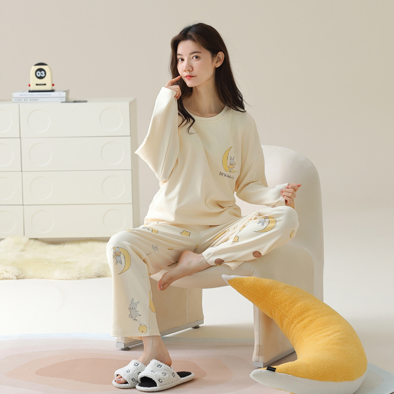 パジャマの女性春秋の純綿の長袖の2024年の新型の秋冬の大きいサイズの純綿は家の服のスーツを着ることができます。