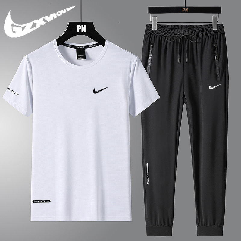 Summer Ice Silk Short-sleeved suit Men's T-shirt Trendy Brand Thin Casual Sportswear suit Men's Quick-drying Breathable Two-piece Set Summer Ice Silk Short-sleeved suit Men's T-shirt Trendy Brand Thin Casual Sportswear suit Men's Quick-drying Breathable Two-piece Set
