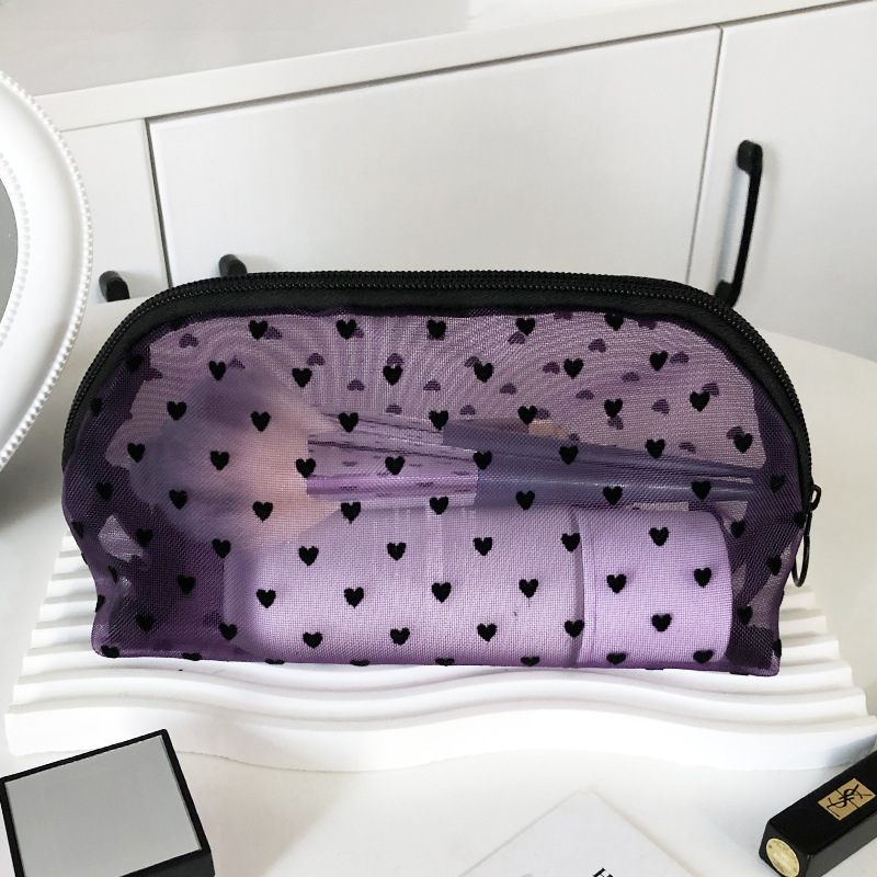 New Ins Love Flocking Powder Mesh Makeup Bag Girls' Heart Portable Washing Large Capacity Breathable Lipstick Trade