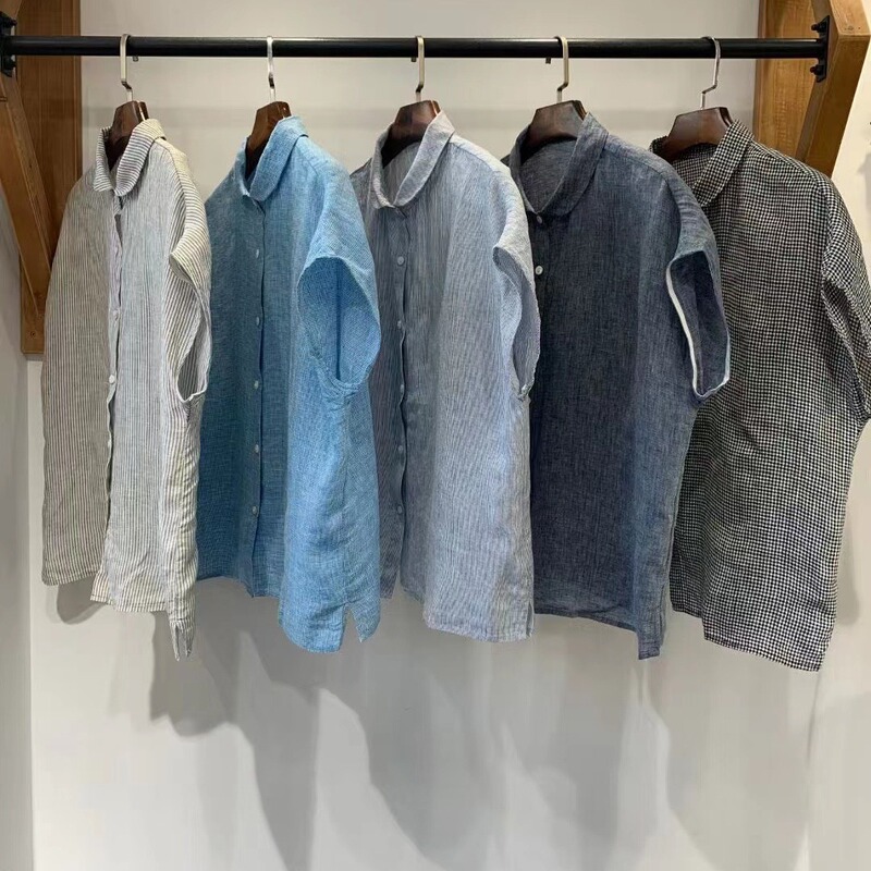 Striped linen shirt women's summer New loose all-match age-reducing artistic Japanese peter pan collar Shoulder Sleeve Top