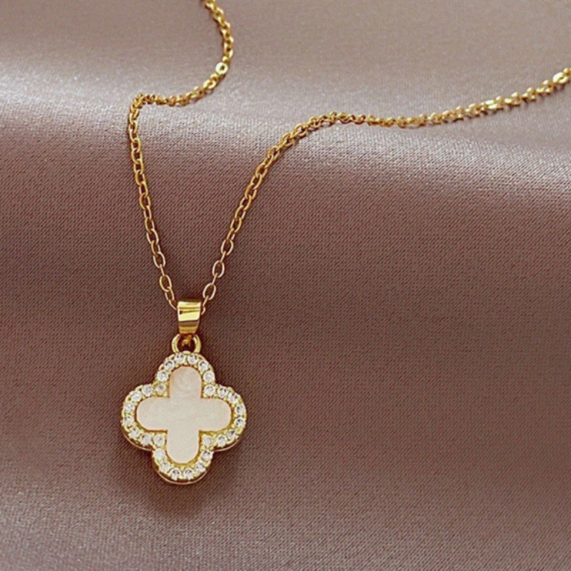 Gold chain white four leaf clover necklace # Xl090