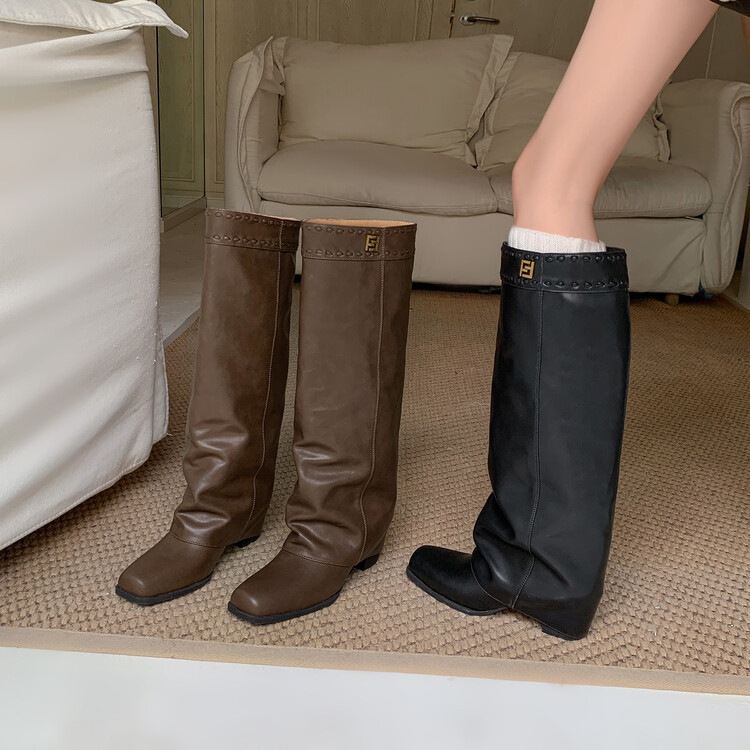 2024 Autumn and Winter New Style Square Toe Thick Heel High Heel Cowhide Long Boots for Women Black Brown Fashion Boots 9-25J