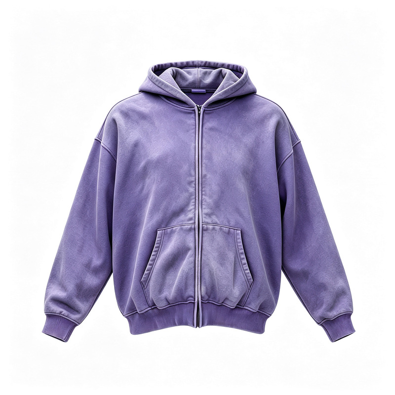400g washed and distressed American retro fabric zip-up hoodie with fleece lining