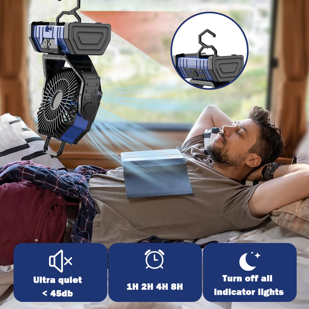Ventilador Portátil con Gancho para Camping 20000mAh con Luz LED, Oscilación y 4 Velocidades