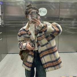 跨境格子羊毛呢外套女秋冬季夹棉加厚2025新款小个子宽松呢子大衣