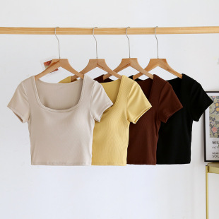Square Collar Navel Short Sleeve with Chest Pad Women's Inner Slim-fit Base Shirt Clavicle-exposed Short High Waist Top T-shirt Outer Wear