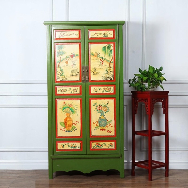 New Chinese-Style Antique Distressed Solid Wood Hand-Painted Wardrobe Living Room Decorative Cabinet Vintage Furniture Cabinet Simple Wardrobe
