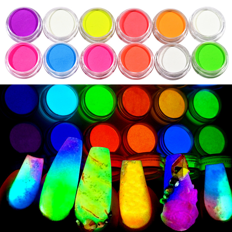 Foreign trade hot sale 12 color luminous nail glitter suit color nail decoration powder night luminous nail glitter
